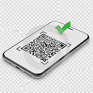 Smartphone displaying qr code with checkmark isolated on transparent background