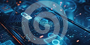 a smartphone displaying a secure app interface with fingerprint authentication