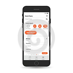 Smartphone displaying a user interface with a white and orange color scheme. The