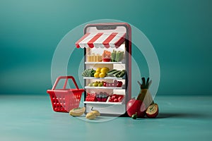 Smartphone displaying virtual grocery store with fresh produce, red basket and teal background