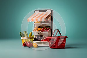 Smartphone displaying virtual grocery store with fresh produce, red basket and teal background