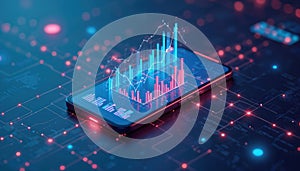 Smartphone displays financial graph and analytics data. Mobile app shows business charts and trends for data analysis. Digital