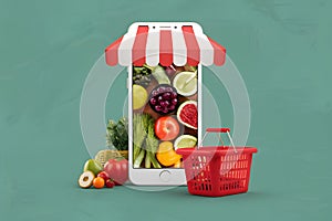 Smartphone displays fresh produce under striped awning, red basket, teal background Online grocery