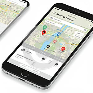 A smartphone displays a navigation app interface with a digital map showing a river,