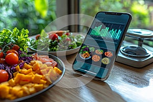 smartphone displays nutrition tracking app showing calorie and macro details next weighed food on plate and digital photo