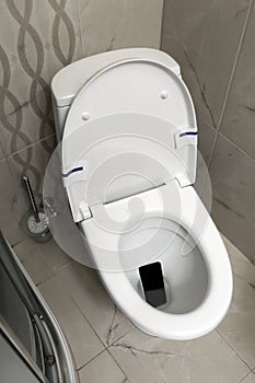 Smartphone dropped into toilet bowl, above view