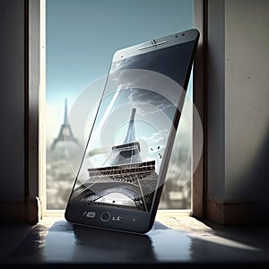 Smartphone with Eiffel Tower on the screen. 3d rendering