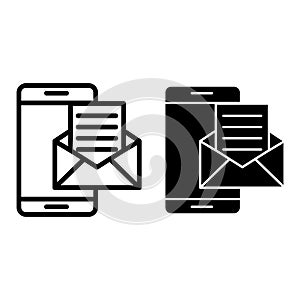 Smartphone email line and glyph icon. Smartphone and envelope vector illustration isolated on white. Message on