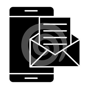 Smartphone email solid icon. Smartphone and envelope vector illustration isolated on white. Message on telephone glyph