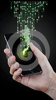 Smartphone emits green binary code, emphasizing digital and futuristic themes