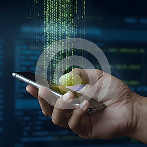 Smartphone emits green binary code, emphasizing digital and futuristic themes