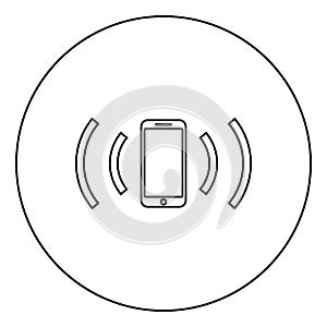 Smartphone emits radio waves Sound wave Emitting waves concept icon in circle round outline black color vector illustration flat