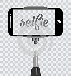 Smartphone with empty screen on monopod isolated on transparent background. Selfie photographic on mobile phone concept. Selfie