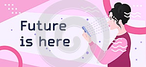 Smartphone face recognition - horizontal banner layout. Abstract background, woman character, pink palette
