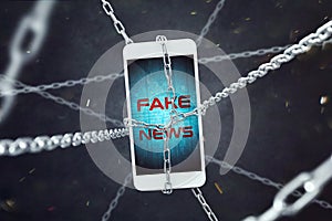 Smartphone with fake news inscription in chains