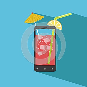Smartphone filled with fresh juice. Icecubes, umbrella, slice of lemon, straw photo