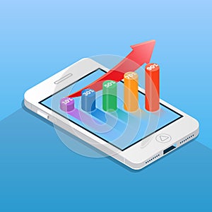 Smartphone with financial bar chart. Business and finance concept vector illustration in isometric style