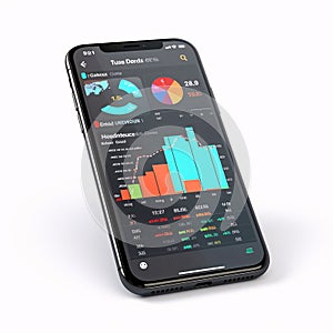 Smartphone with financial charts on a white background. 3d rendering