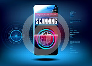 Smartphone with fingerprint scanner on futuristic cyber background. Digital data access control by fingerprint identification.