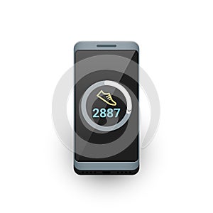 Smartphone with fitness tracker or steps counter app on screen. Vector illustration