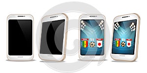 Smartphone with football score on screen Vector realistic. Sports betting online web banner templates
