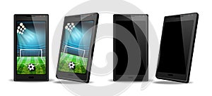 Smartphone with football score on screen Vector realistic. Sports betting online web banner templates