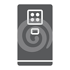 Smartphone with four camera glyph icon, gadget and communication, phone sign, vector graphics, a solid pattern on a