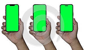 Smartphone frameless mockup. Studio shot of green screen smartphone with blank screen for Infographic