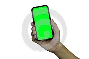 Smartphone frameless mockup. Studio shot of green screen smartphone with blank screen for Infographic Global Business web site