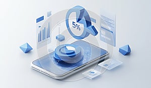 Smartphone in futuristic setup with floating cloud and graph elements