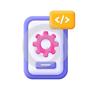 Smartphone with gear and code symbol. Smartphone setting and tools. Development, coding and programming concept. 3d vector icon.