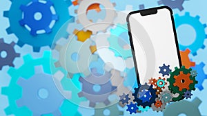 Smartphone with gear and cog wheels, maintenance, install application update, 3D rendering