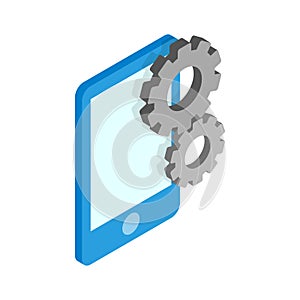 Smartphone with gears icon, isometric 3d style