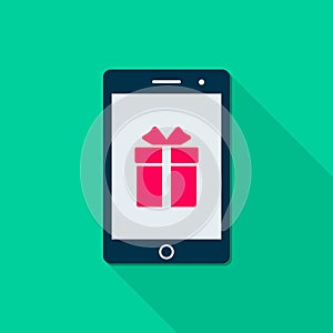 Smartphone with gift on monitor icon, flat design illustration with long shadow. Vector