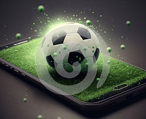 Smartphone with Golden football for Sport online Betting application and live sport streaming concept , Generative AI