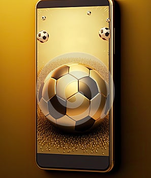 Smartphone with Golden football for Sport online Betting application and live sport streaming concept , Generative AI