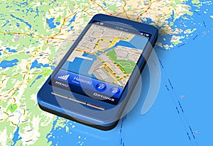 Smartphone with GPS navigator on map photo