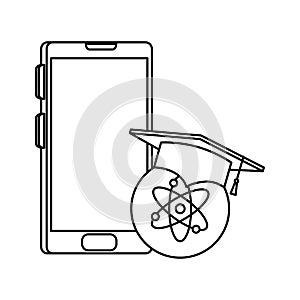 Smartphone with graduation hat and atom