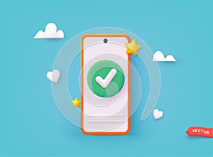 Smartphone with green check mark on mobile application. To do list, time and task management, done. 3D Vector Illustrations