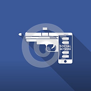 Smartphone gun weapon white color, Cyber crime in social network concept idea on blue gradient