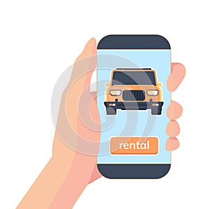 Smartphone in hand with app for carsharing online rental service. Booking car. Vector flat illustration
