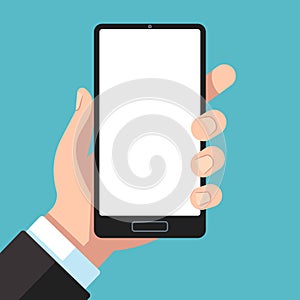 Smartphone in hand. Businessman hand holding mobile phone. Cell phone in arm template for app presentation flat vector