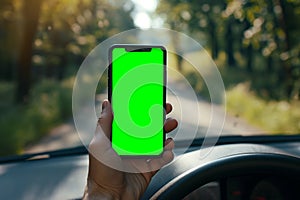 smartphone in hand close-up, inside the car at the wheel. mockup, template