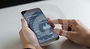 Smartphone in Hand Displaying Blue Data Charts on Screen