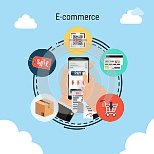 Smartphone in hand, e-commerce infographic element on sky background, vector illustration.