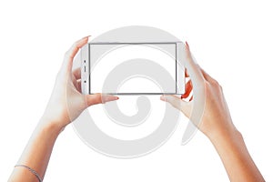 Smartphone in hand with an empty screen. Isolated object on white background. Photo, image.