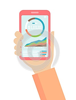 Smartphone on hand Mobile investment apps vector illustration