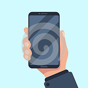 Smartphone in hand. Mobile phone holding in businessman hands. Smart cellphone in arm template for present app flat vector