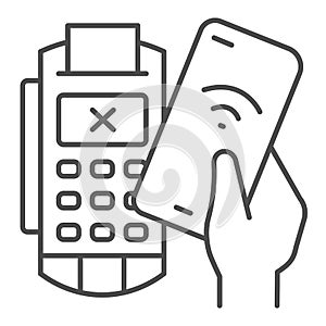 Smartphone in hand and payment terminal thin line icon, Payment problem concept, declined mobile payment sign on white