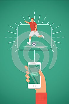 Smartphone in hand with Play button. Football / Soccer player kick on ball.